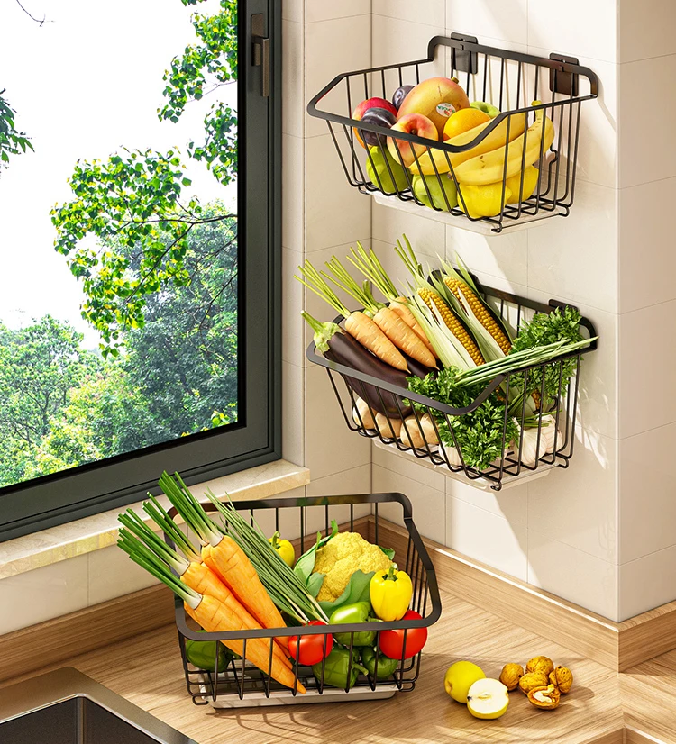 Wall-hung Vegetable Storage Rack Punching-free iron Storage Baskets for Fruit Vegetable Drain Storage Basket Kitchen Oganizer