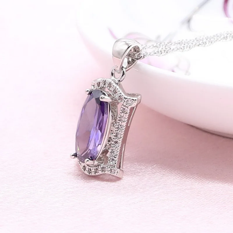 Bride Jewelry Sets For Women Elegant Purple Cubic Zirconia Silver Color Earrings Bracelet Necklace Pendant Ring Christmas Gift