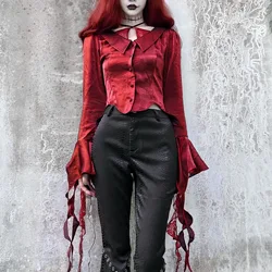 Original vampiro vermelho blusa completa mangas compridas halter turn-down colarinho blusas gothic holloween elegante blusa magro camisa superior feminino