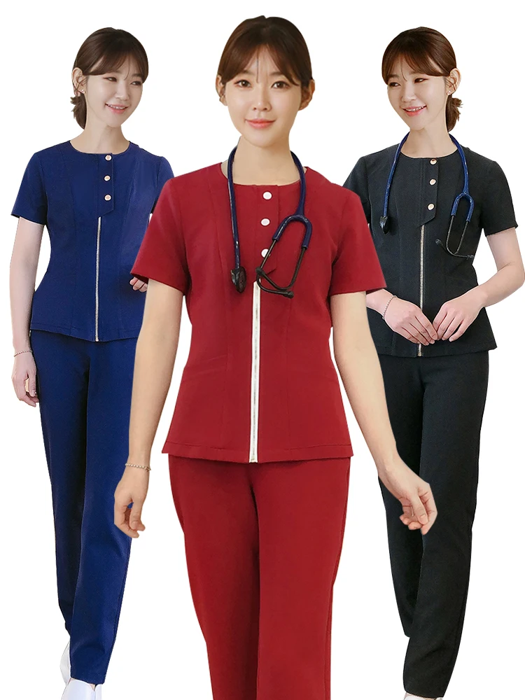 Groothandel Aangepaste Vrouwen Scrub Set Metalen Rits Top En Broek Verpleegster Uniform