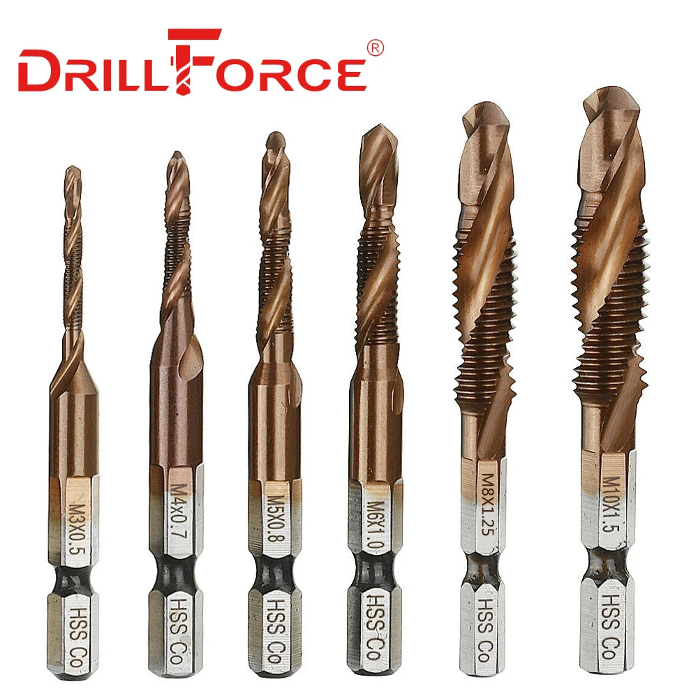 6PCS M3-M10 Screw Tap Drill Bits HSSCO M35 Cobalt Taps Metric Combination Bit 1/4