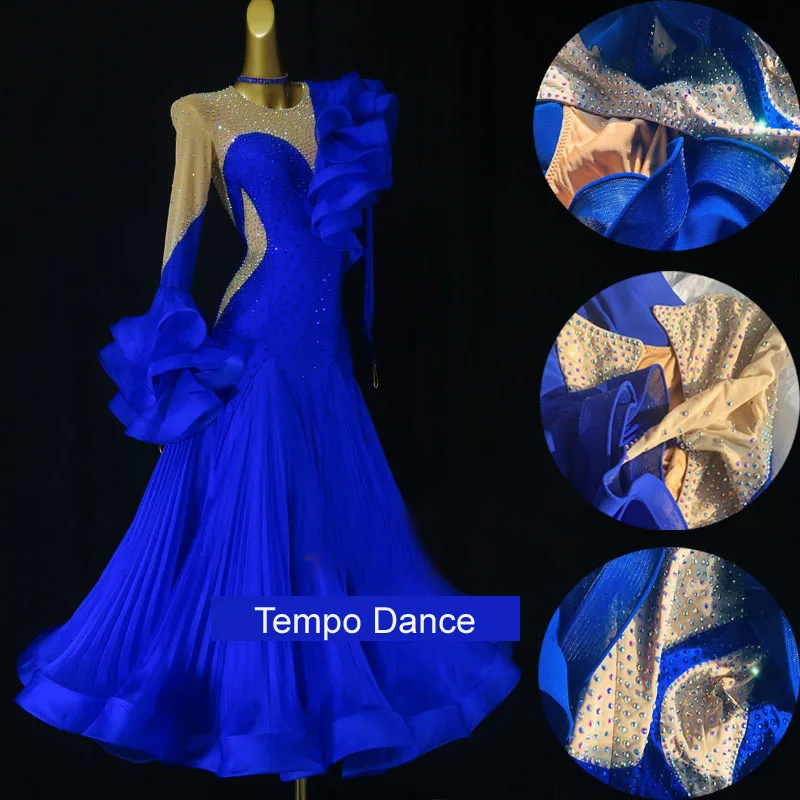 Women Modern Dance Competition Costume New Slap up Big Hem Diamond Dress Tango Waltz Ballroom Dancing Performance Stage Wear