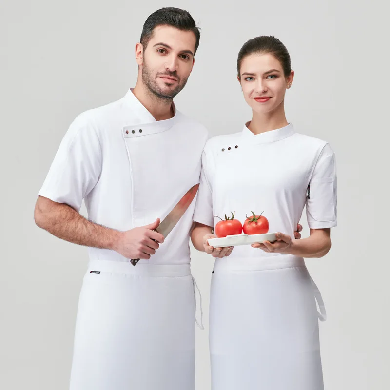 ฤดูร้อนร้านอาหาร Chef แจ็คเก็ต Breathable Waiter Uniform Man โรงแรมห้องครัวทำอาหาร Tops ผู้หญิงเดี่ยว Overalls Catering