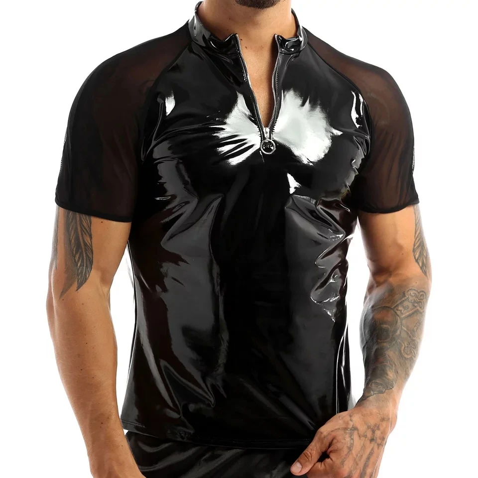 Męska seksowna błyszcząca skóra T-Shirt erotyczna płaszcza Wetlook lateksowy płaszcz męski błyszczący metalik skóra PVC kurtka porno z krótkim