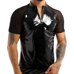 Mens Sexy Shiny Leather T-Shirt Erotic Sheath Wetlook Latex Coat Male Glossy Metallic PVC Leather Jacket Porn Short-sleeved Tops