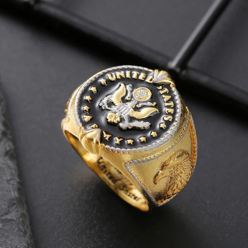 2024 Trend US Federal Army Badge This We\'ll Defend Two-Tone Men\'s Ring Cool Stuff Male Ring Gothic Accessories Mens Jewelry