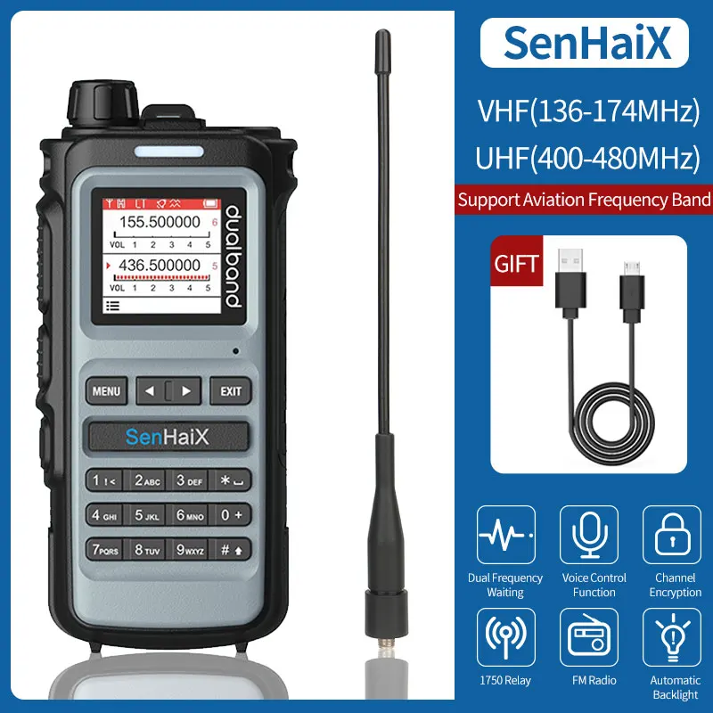 SenHaiX 8600 Walkie Talkie Air Band U/VHF Dual Band PTT IP54 Ham Two Way Radio Portable Waterproof Transceiver Add USB Charger