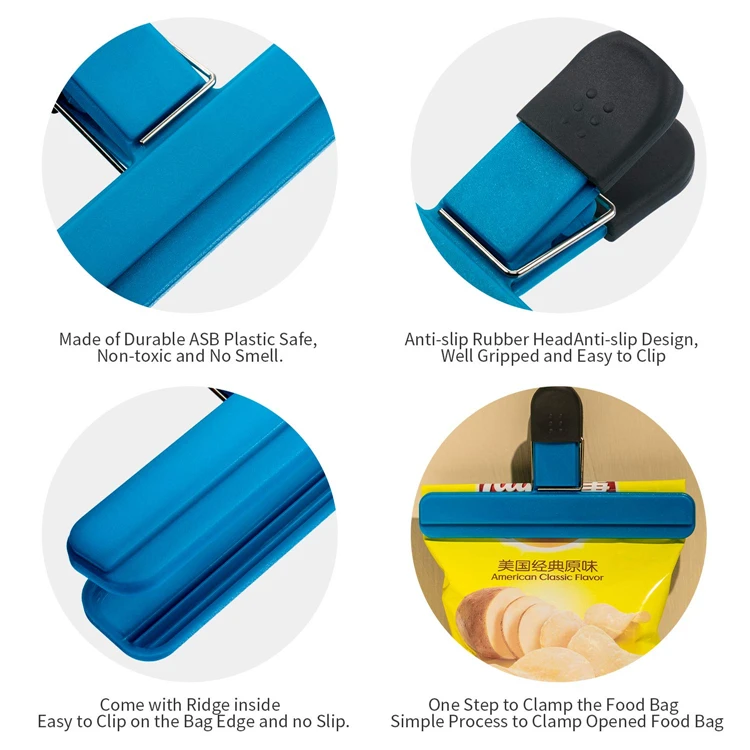 Set Di 6 Clip Per Alimenti In ABS – 3 Piccole E 3 Grandi, Colori Blu, Verde E Fucsia, Per Sigillare Sacchetti Di Snack, Pane E Caffè