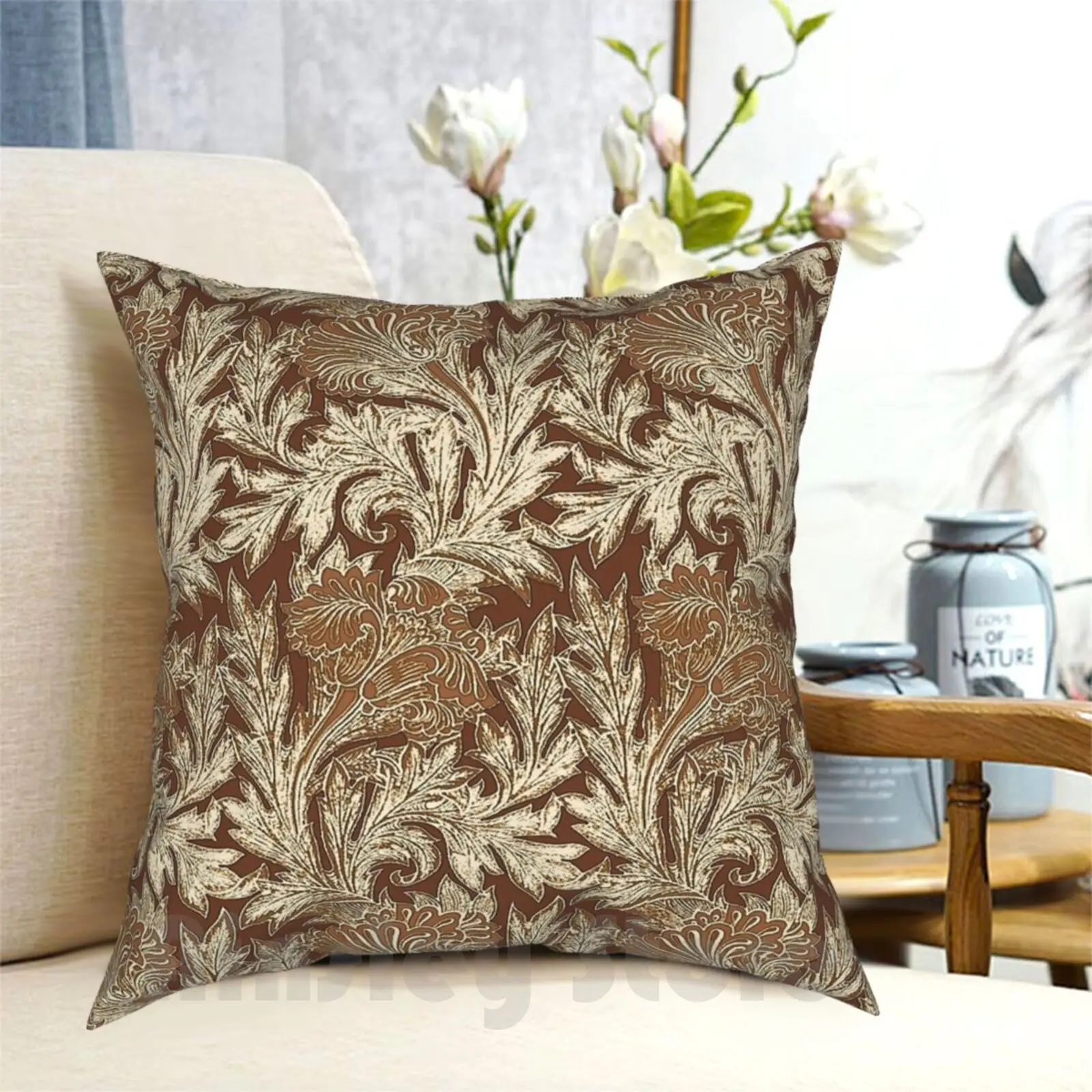 Jacobean Damask , Taupe Tan And Cream Pillow Case Printed Home Soft DIY Pillow cover William Morris Jacobean Damask Art