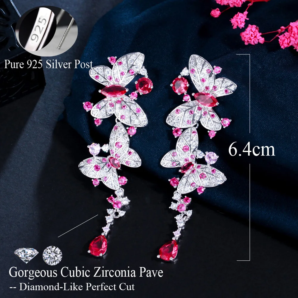 Pera Charming Butterfly Shape Hot Pink Cubic Zirconia Silver Color Long Dangle Earrings for Women Dancing Dress Jewelry E855