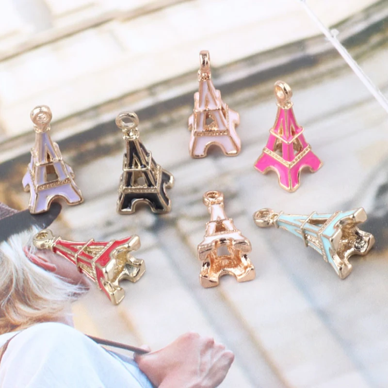 20PCS/Lot Oil Drop Gold Color Plated Eiffel Tower Shape Jewelry Charms For DIY Necklaece Bracelet