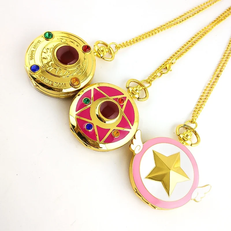 Rhinestone Cartoon Sakura Anime Japanese Anime Sailor Moon Quartz Pocket Watch Fashion Stars Women Necklace Pendant Chain Gifts