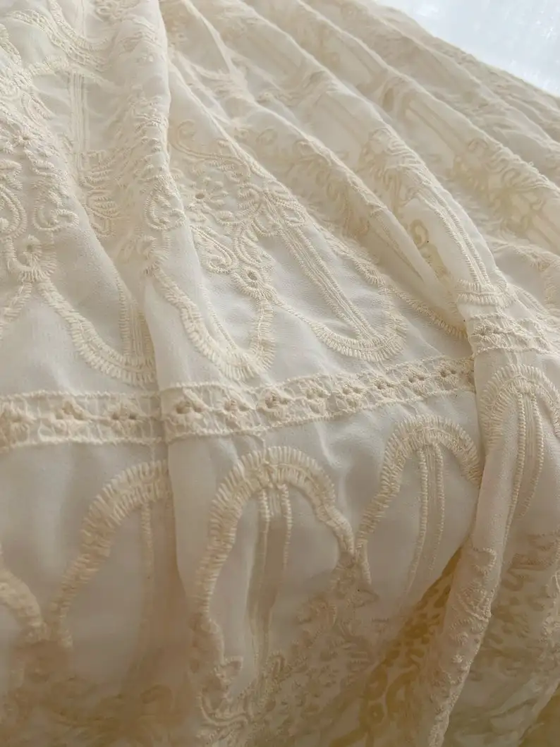 1 yard New arrival embroidered chiffon lace fabric, chiffon fabric with beige embroidery