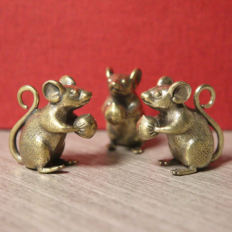 Retro Brass Mouse Ornament, Lucky Mouse, Peach Figurine Miniatures, Cute Rat, Lucky Animal, Small Desktop, Home Decor, Feng Shui