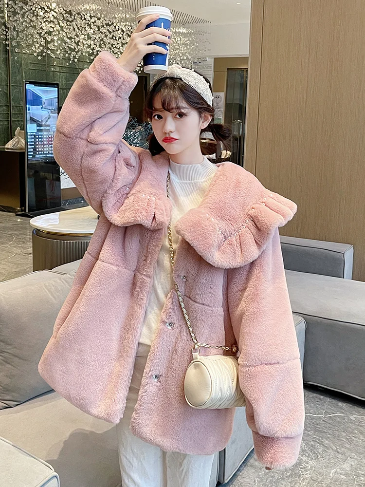 

New Sweet Girls Kawaii Lolita Fur Coat Imitation Rabbit Fur Overcoat Women Winter Thicken Warm Peter Pan Collar Cute Loose