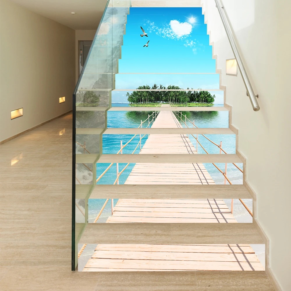Island Scenery Diy Staircase Sticker Self-adhesive Oil-proof PVC Wall Sticker For To The Second Floor Decorative Art Wall Decals