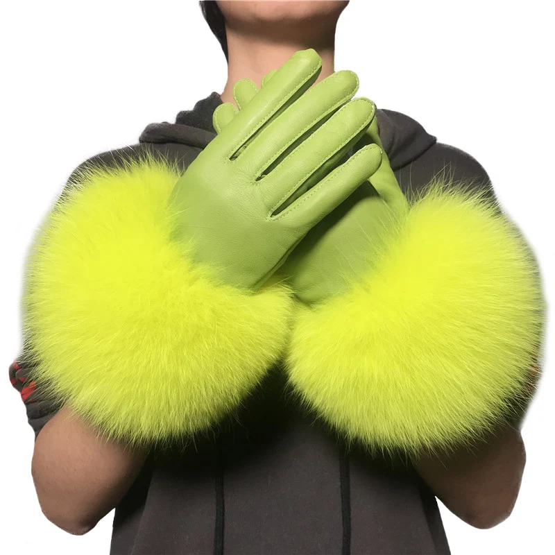 

Jxwatcher Wholesale Fox Fur Gloves Winter Female Luxury Style Warm Sheepskin Genuine Leather Gloves Driving Thickening Mitten