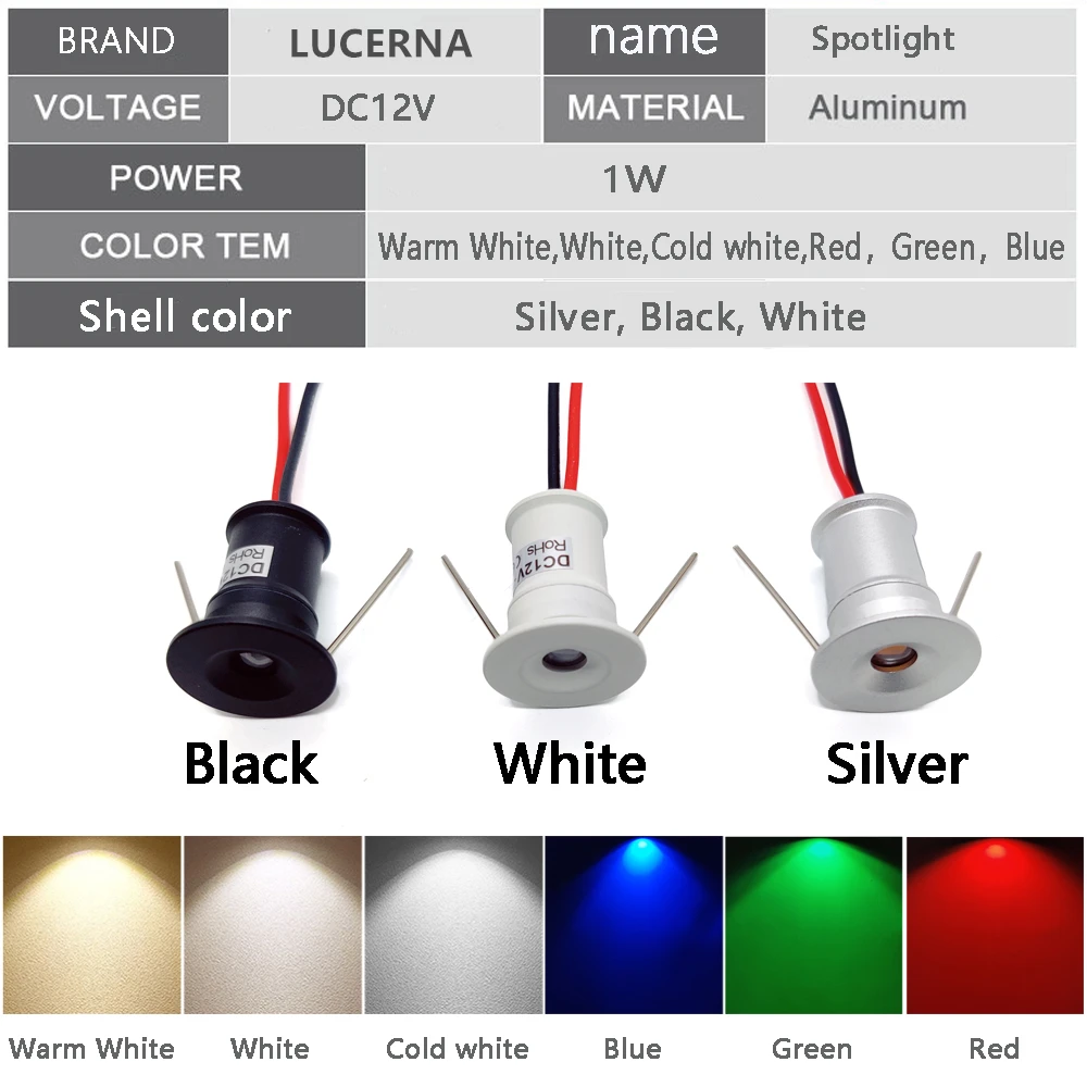 12V Mini LED Spot Downlights Dimmable Lamp Remote Control 1W Recessed Stair Ceiling Light Black White Silver Shell Cabinet Light