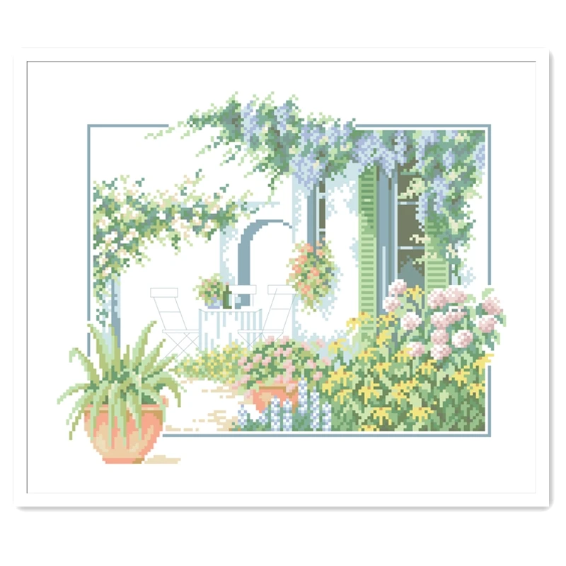 Terrace with flowers cross stitch kits 18ct 14ct 11ct white fabric cotton thread embroidery DIY handmade needlework