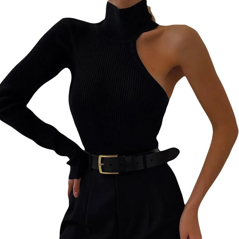 Basic Black One Shoulder Skinny Women's Bodysuit Long Sleeve Turtleneck Skinny Slim Sexy Fashion Streetwear Female Clothes