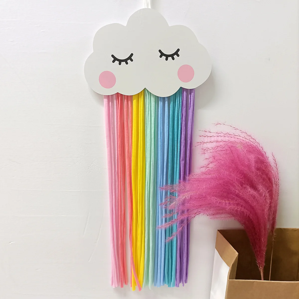 Cute Wooden Hollow Rainbow Clouds Wall Hanging Ornament Tassel Pendant Hair Clip Hanger Storage For Girl Kids Room Decorations