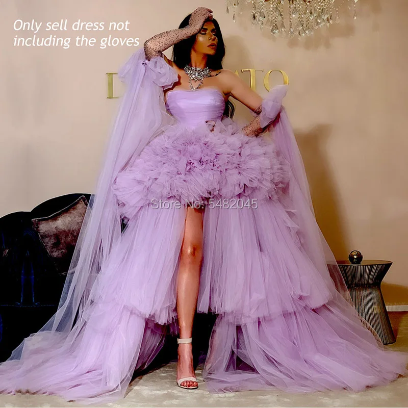 Lorie Hoge Lage Prom Dresses 2021 Tiered Tulle Light Purple Korte Front Lange Back Avondjurk Girl Party Jurk Voor afstuderen