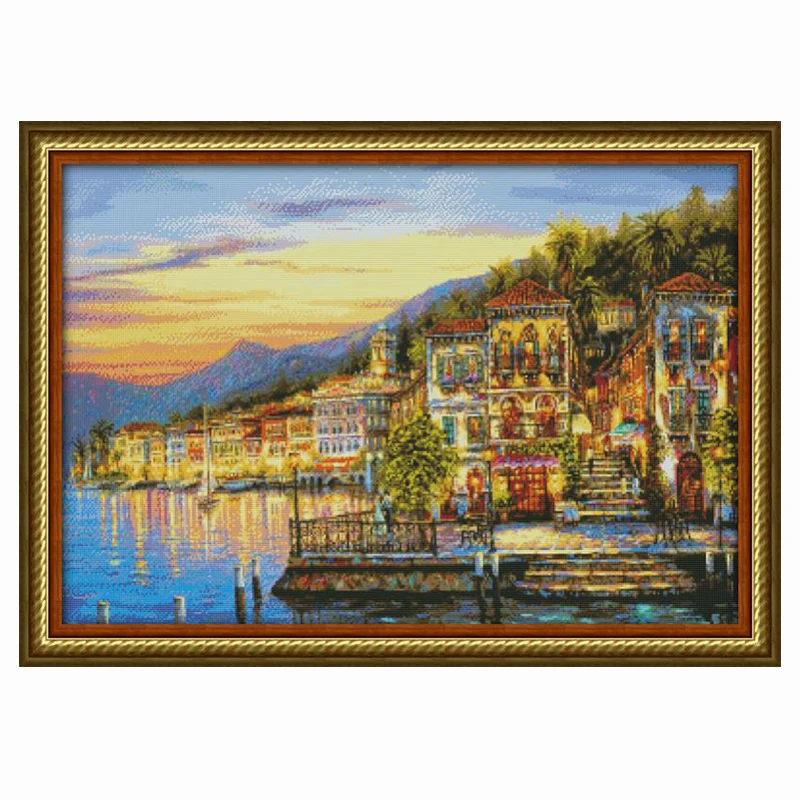 

Joy sunday The sea scenery counted 14CT Cross Stitch Kit Set DIY DMC Sunset house Cross-stitch Embroidery Needlework Home Decor