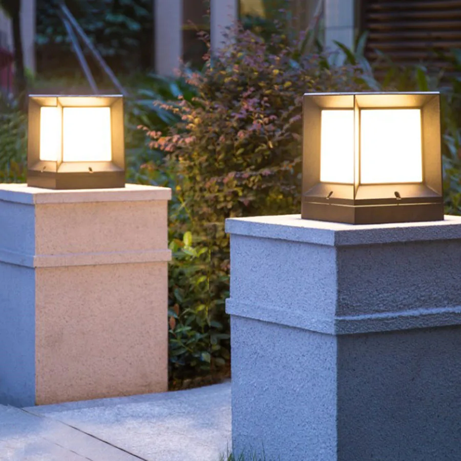 

Outdoor Garden Landscape Post Lamp Solar Pillar Light E27 Square Cube Column Light Villa Backyard Fence Pathway Bollard Lights