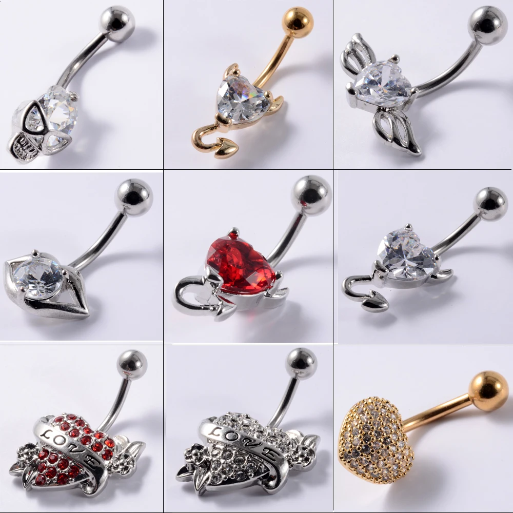 1Pc 14g Navel Piercing Devil Heart Wing Belly Button Ring Surgica Steel Zircon Skull Curved Navel Body Jewelry