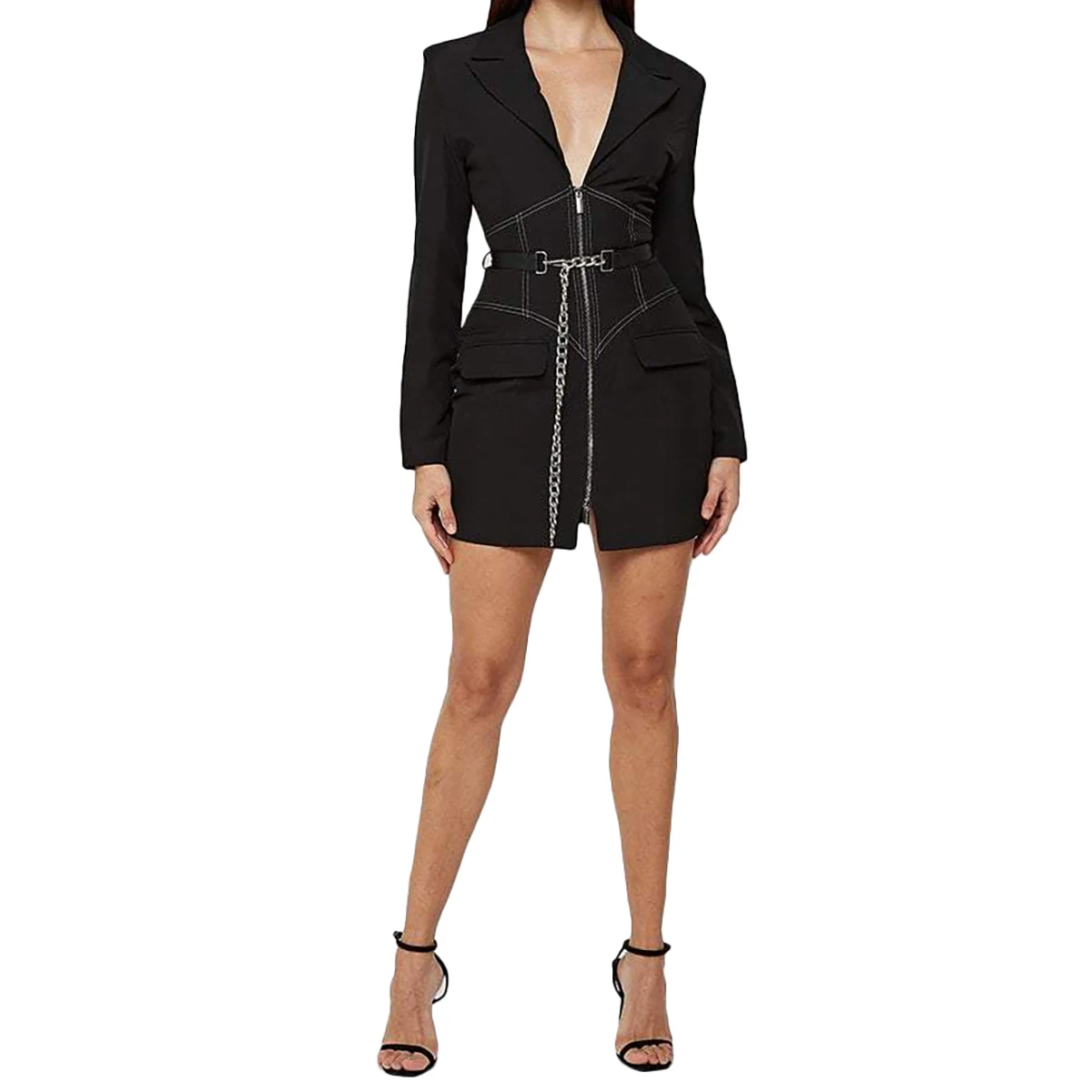 Traje de oficina con cuello en V profundo para mujer, traje Sexy ajustado con cremallera, abrigo negro elegante, Blazer largo, Otoño, 2021