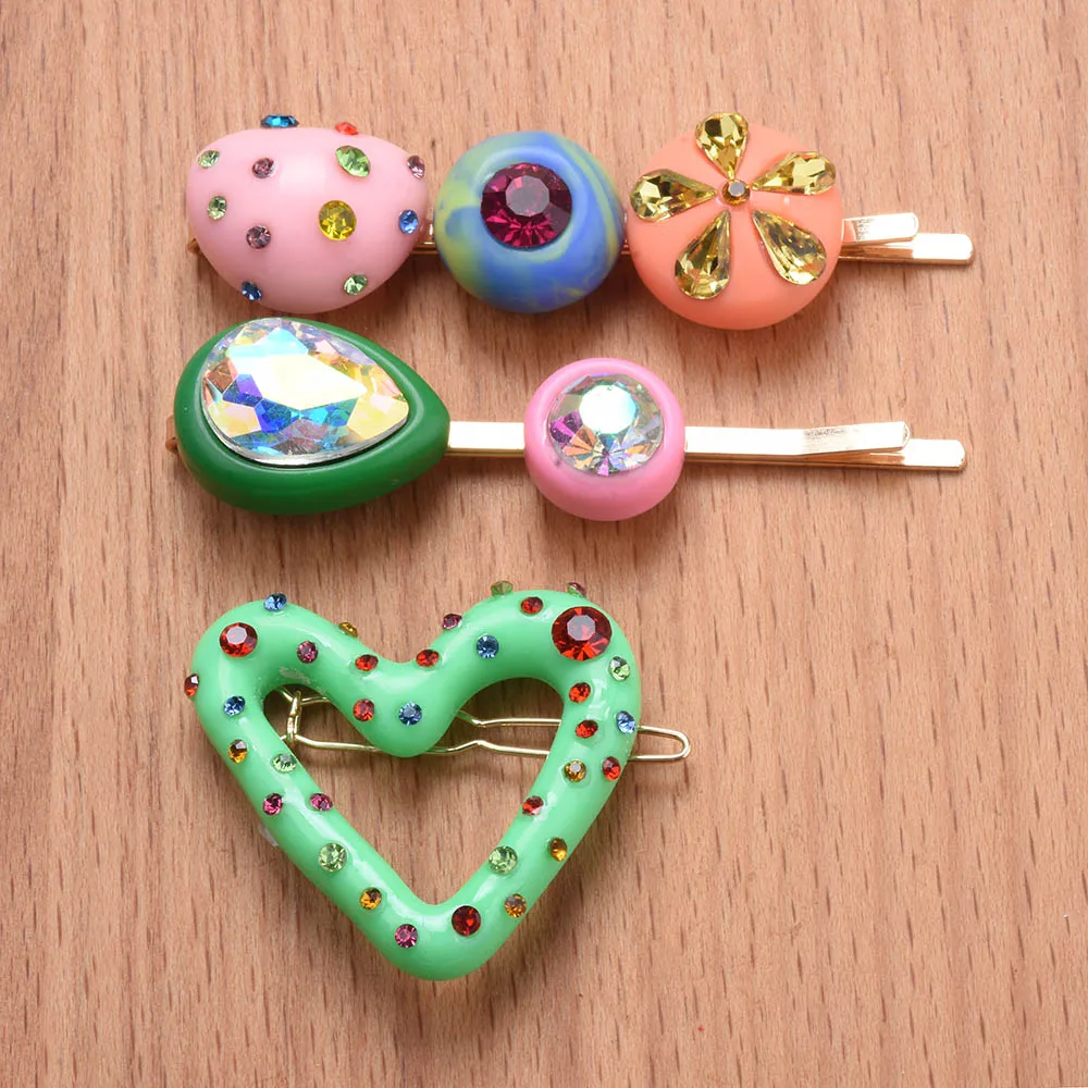 2024 New ZA Fashion Colorful Resin Hair Clips Women Hair Jewelry Heart Shape Crystal Rhinestones Hairpins Barrettes