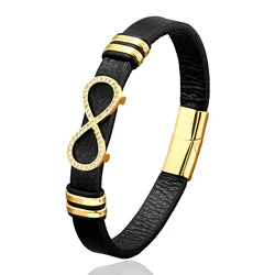Fashion Leather Rope Chain Stainless Steel Clasp Bangle Bracelet For Women Charm Insect Cross CZ Bracelet Jewelry Friend Gift