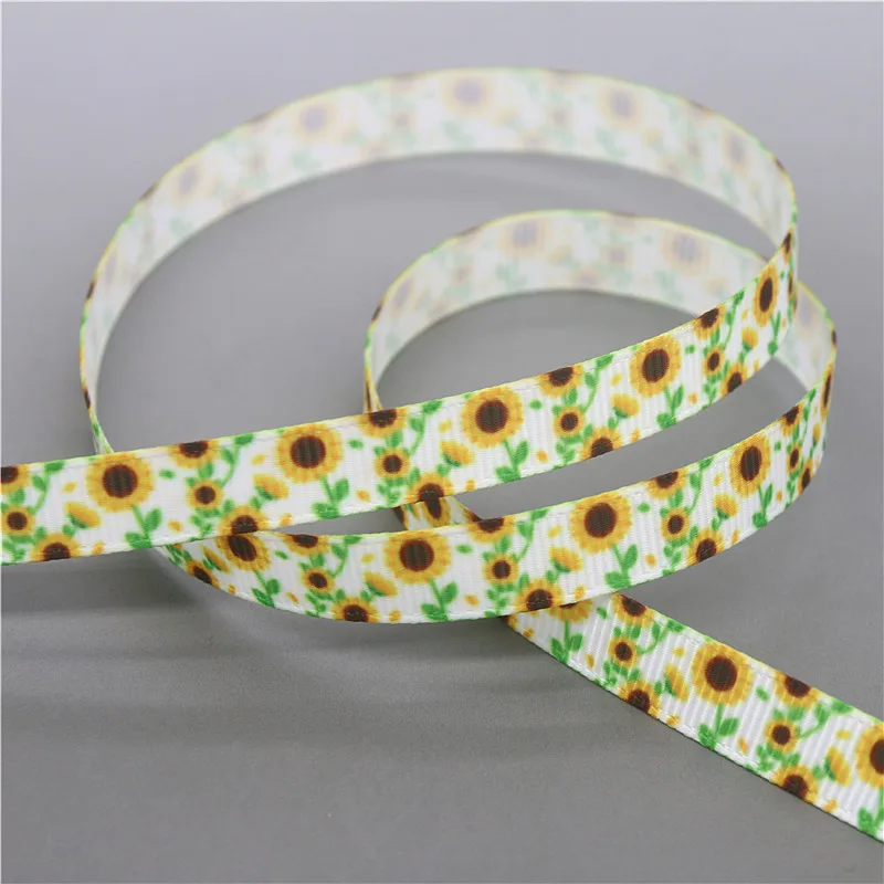 DHK 3/8\'\' 5yards Sunflowers Chrysanthemum Printed Grosgrain Ribbon Accessory Hairbow Headwear DIY Decoration 9mm C1893