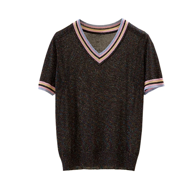 Shiny Lurex 2023 primavera estate scollo a V maglione a righe donna Casual manica corta Pullover maglione lavorato a maglia top coreani