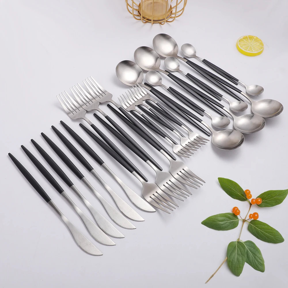 

Black Cutlery Set 30 Piece Dinnerware Sets Stainless Steel Knives Forks Spoons Portable Flatware Tableware Coffee Spoon Set