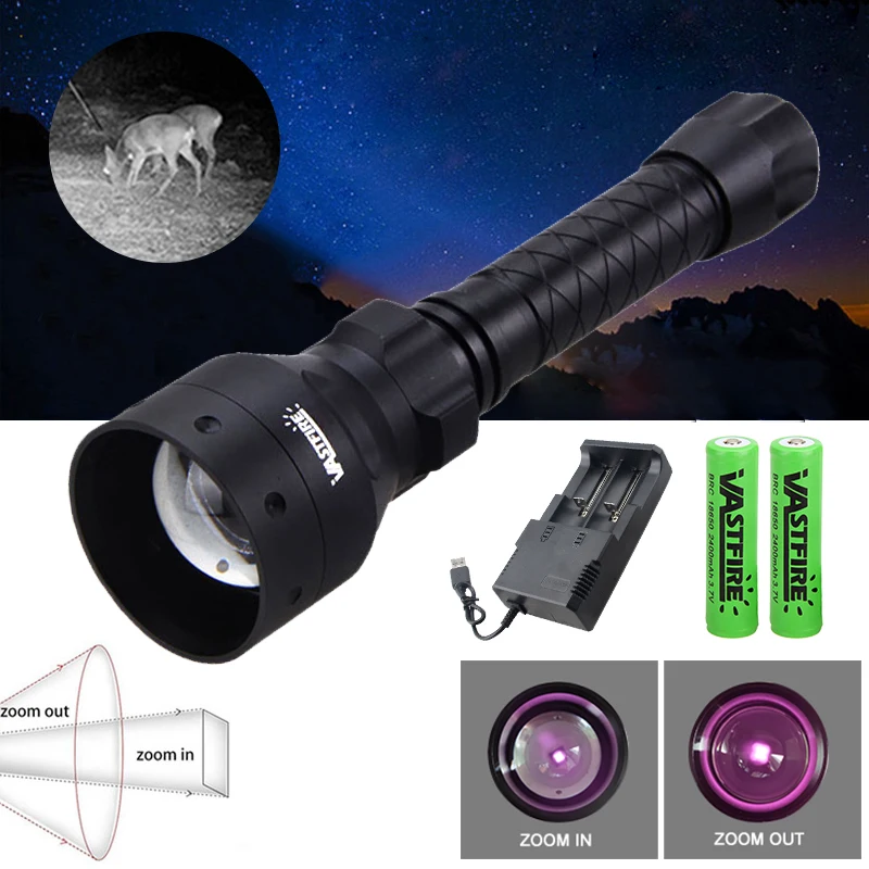 Zoomable Infrared Light Hunting Torch Adjustable IR Flashlight Black 940 nm Night Vision illuminator+18650+Charger+Mount+Switch