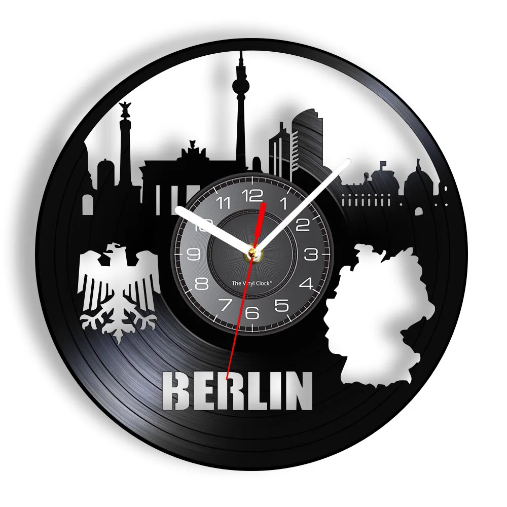 Berlin Germany Cut Out Album Longplay Wall Clock Map With National Badge Emblem German Flag Eagle Shield Logo Vinyl Record Clock