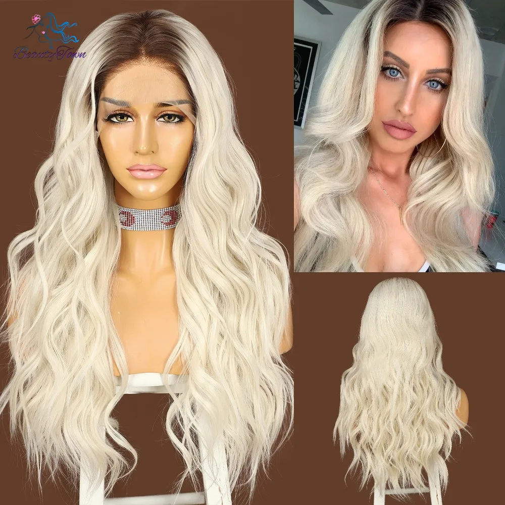 

BeautyTown Ombre Blonde Lace Wig Long Wavy 24'' High Temperature Natural Hair for Daily Party Cosplay Synthetic Lace Front Wigs