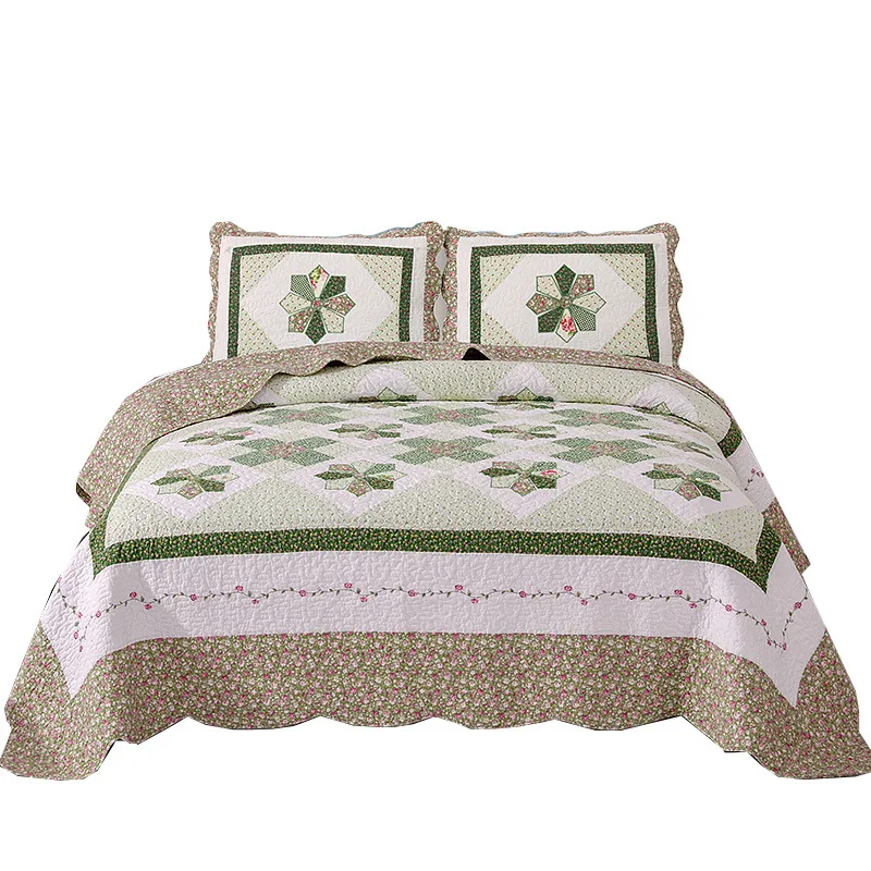 Cotton Patchework Bed Spread Embroidery Bed Cover Sets King Size Bedding Sets Bedsheet Europe Green Quilt Cover Coverlets Set