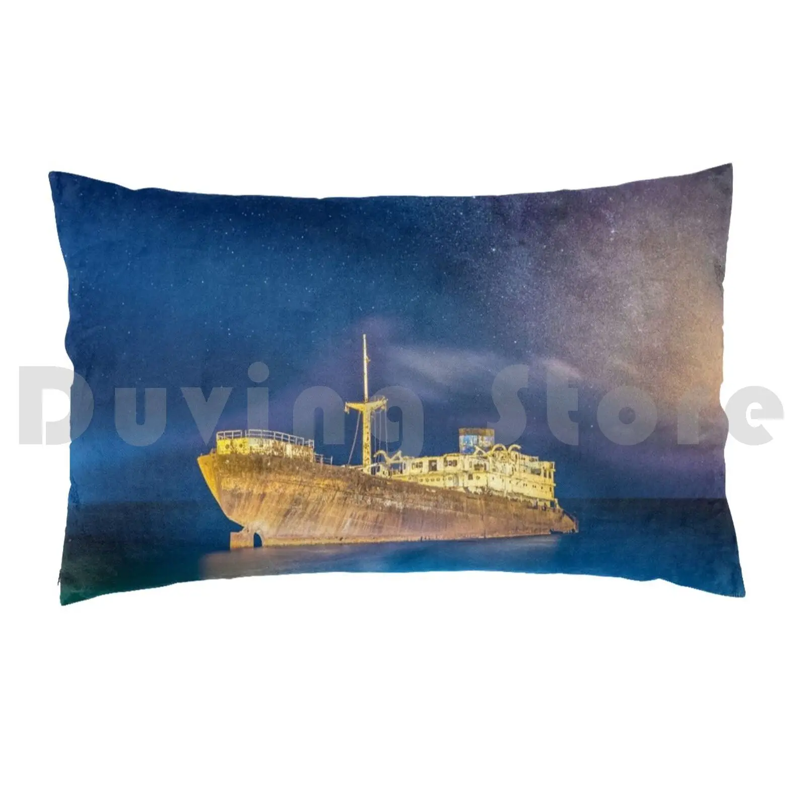 Ghost Ship With Milky Way Pillow Case 20*30 Inch Icimages Lanzarote Shipwreck Telamon Blue Sea Blue Sky Old