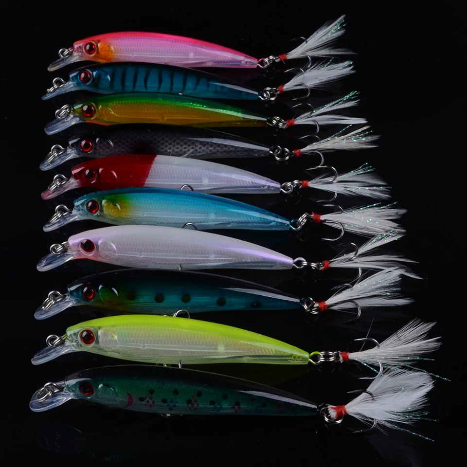 10pcs Fishing Lure Minnow Wobblers Pencils Hard Bait with Feather Hooks Fishing Tackle 7G 9CM Artificial Bait Crankbait Swimbait