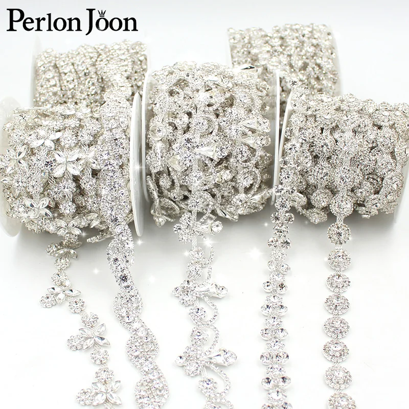 5 yards/roll wholesale sale silver white glass clean crystal rhinestone trim chain bridal wedding dress decoration accessories