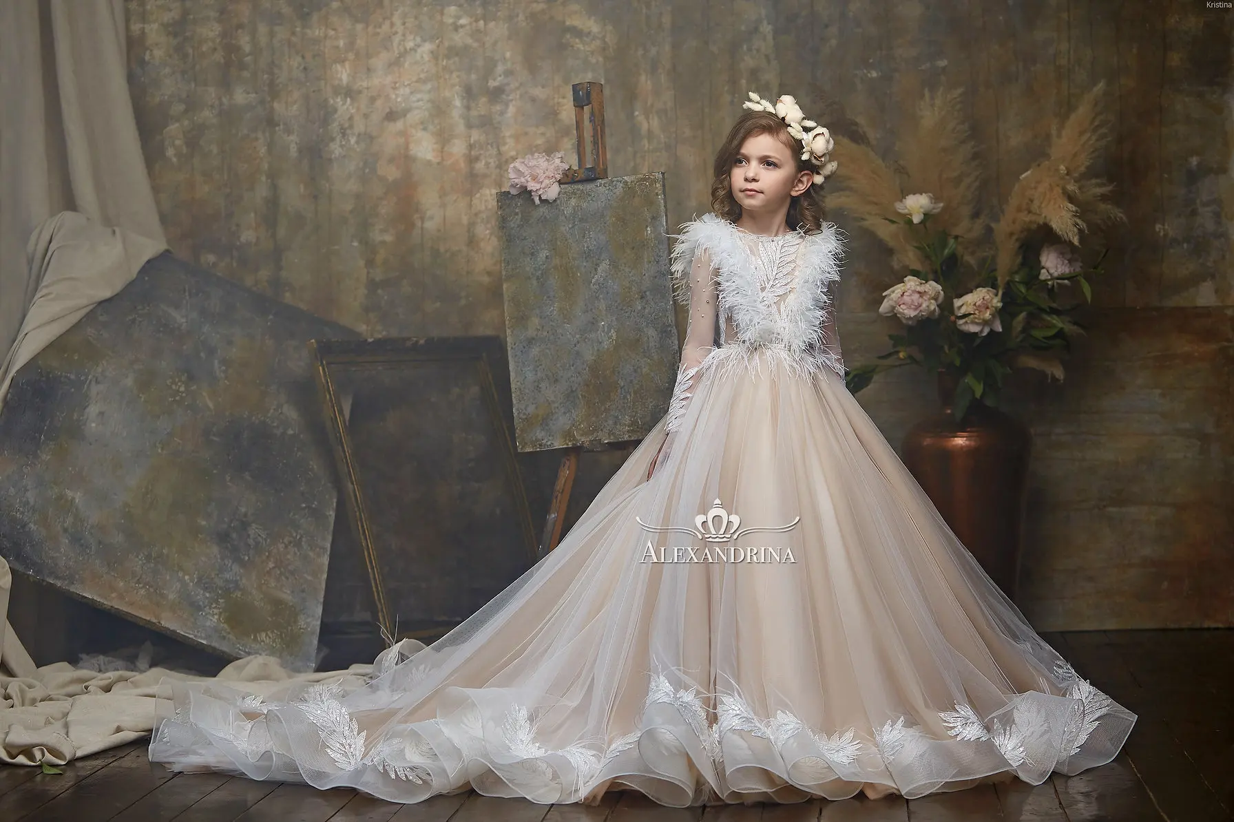 Luxury Feather Lace Flower Girl Dresses for Wedding 2022 Long Sleeve Appliqued Beaded Kids Ball Gown Pageant Dresses For Girls