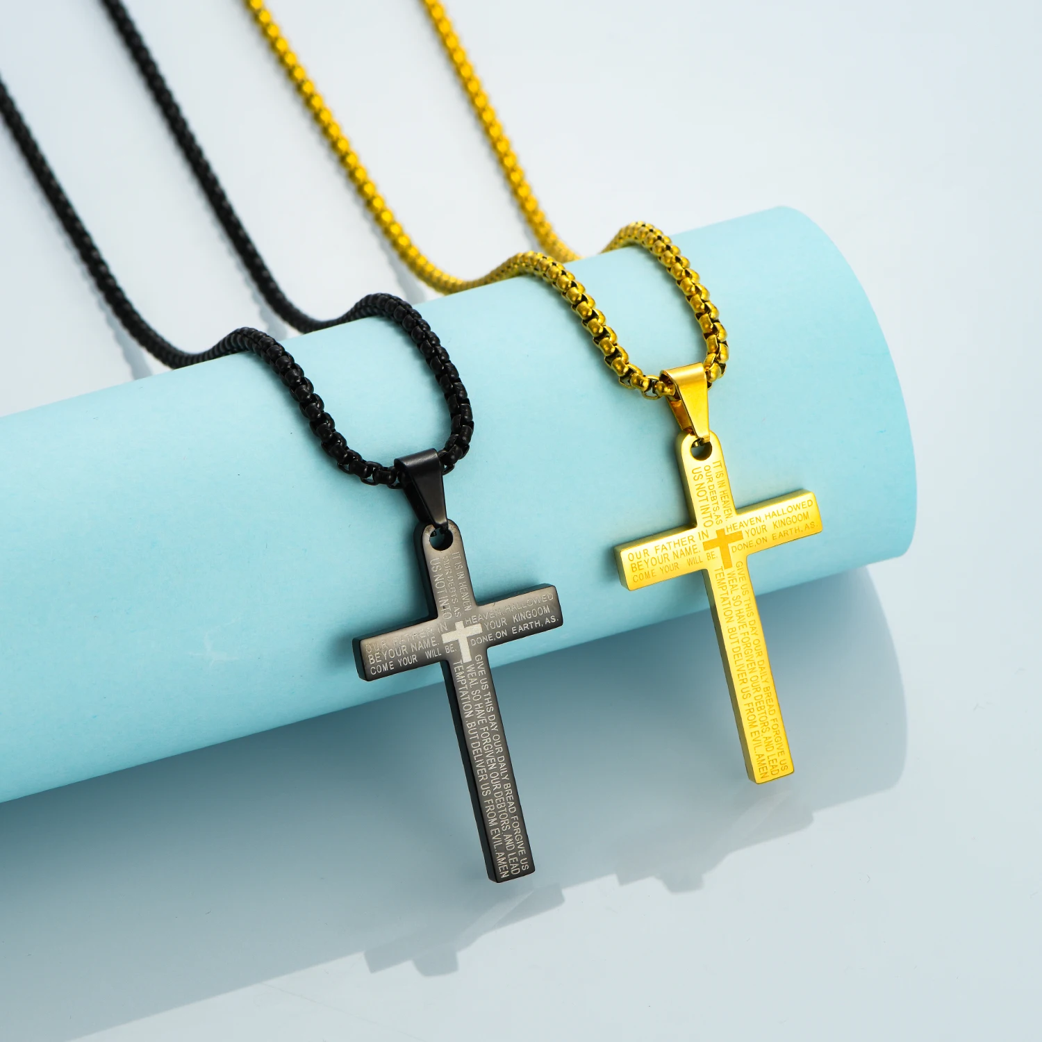 Retro Christian Jesus Single Titanium Scripture Cross Necklace Stainless Steel Black Prayer Choker Cross Pendants For Men Colar