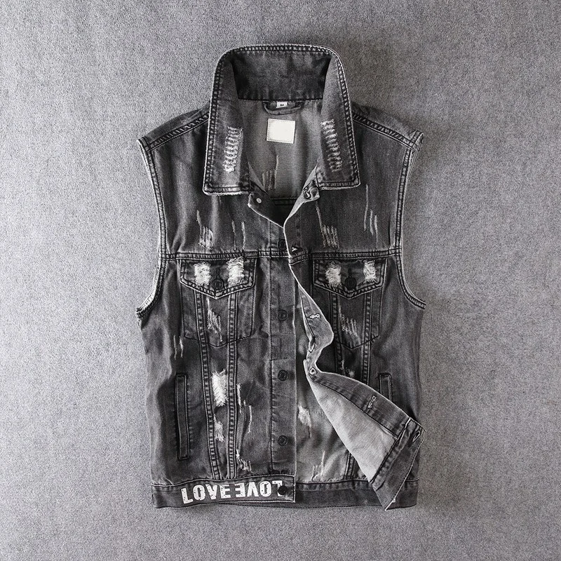 

Men Summer Denim Vest Grey Patch Designs Printing Hip Hop Punk Waistcoat Street Hole Ripped Loose Retro Sleeveless Jacket