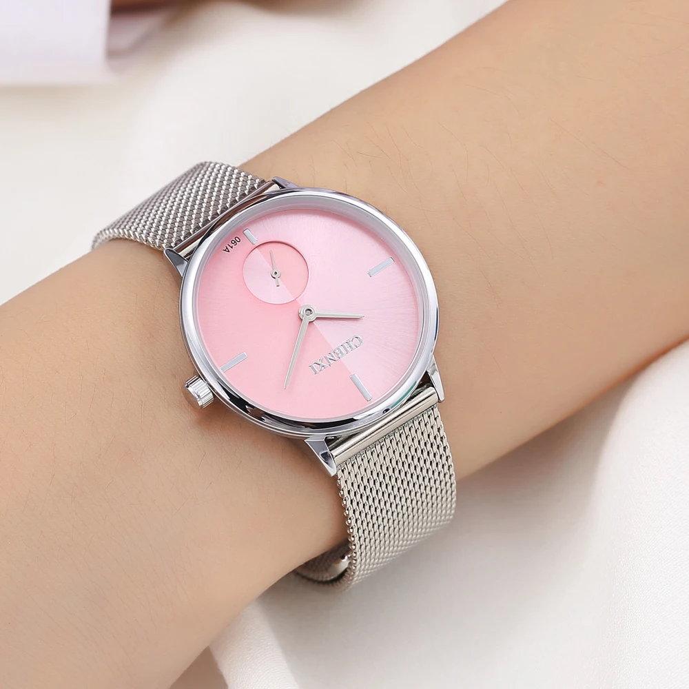 CHENXI Fashion Blue Watch Women Stainless Steel Mesh Band Quartz Wristwatches Ladies Small Seconds Watches Female Clock Gift