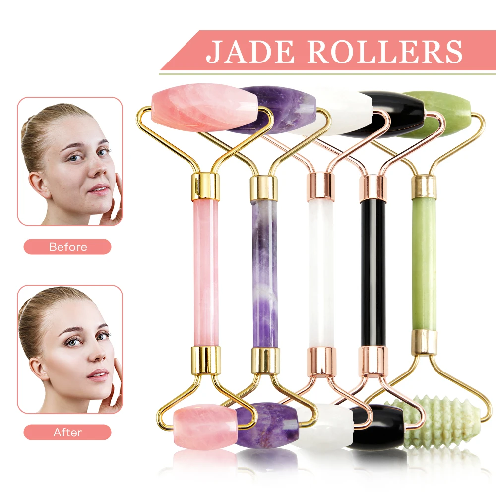 Rose Quartz Jade Roller Face Slimming Massager Natural Facial Massage Roller Massager for Face Skin Lifting Wrinkle Remove Tool