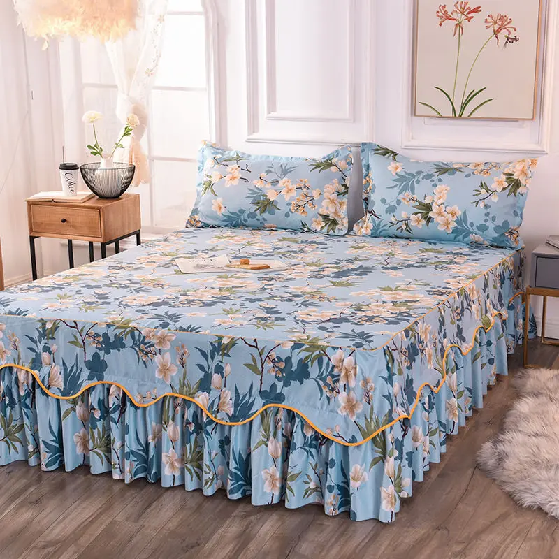 Cama antipolvo para las cuatro estaciones con Funda de colchón con falda de cama con estampado floral, tamaño grande/King-size 200x220cm, sin funda de almohada.