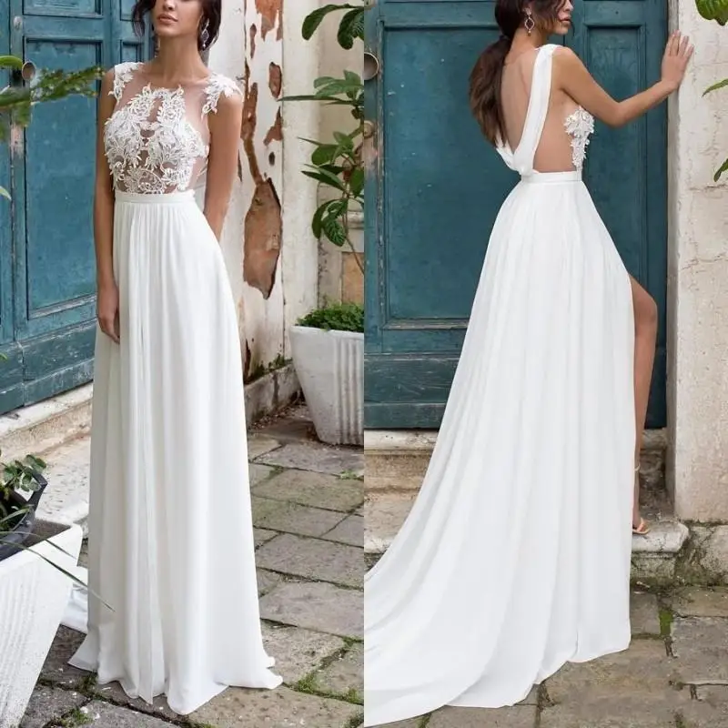 

Bohemian Chiffon Beach Wedding Dress Sleeveless Split Illusion Applique Bride Gowns Lace A Line Vestidos De Mariage