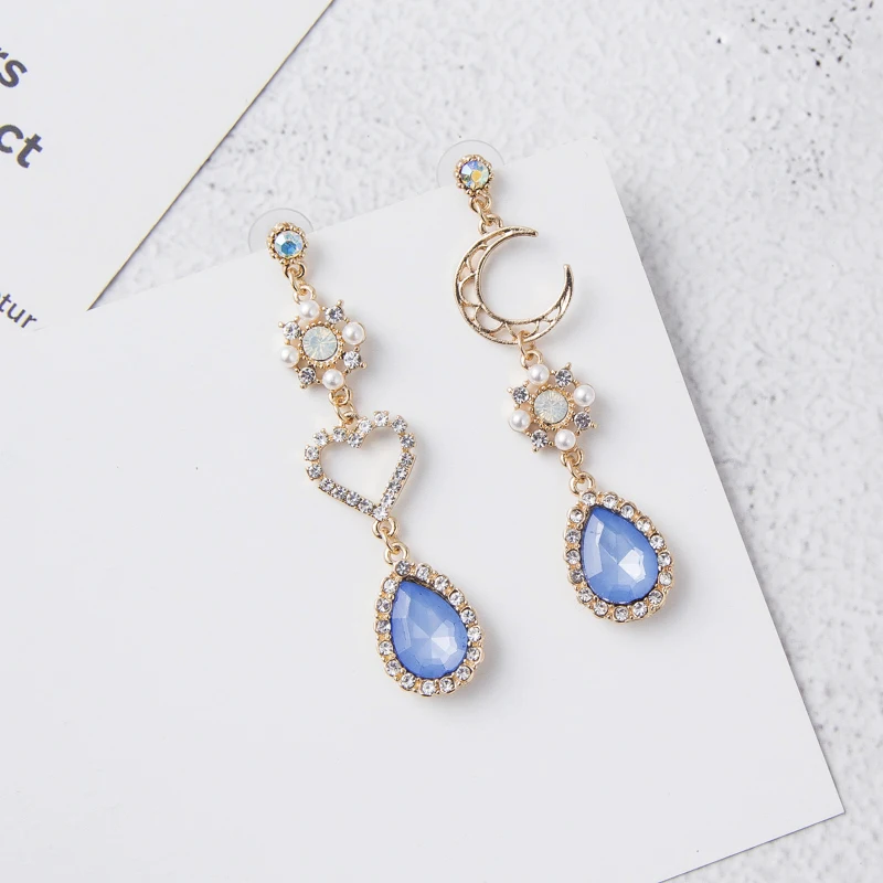 2019 New Sweet Asymmetry Shiny Rhinestone Love Heart Moon Drop Earrings for Women Long Blue Crystal Tassel Dangle Jewelry 6A2032